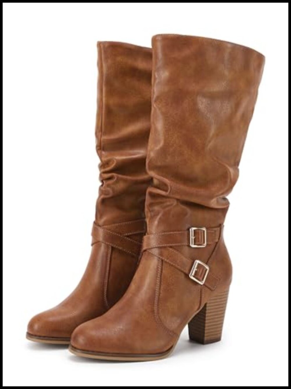 Chunky Heel Knee High Boots Faux Leather Side Zip Slouchy Buckle